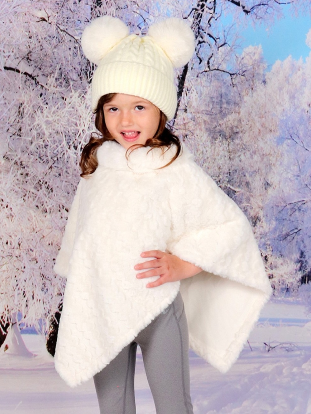 Girls' Cream Faux-Fur Poncho with Pom Pom Hat - Cozy Winter Layer